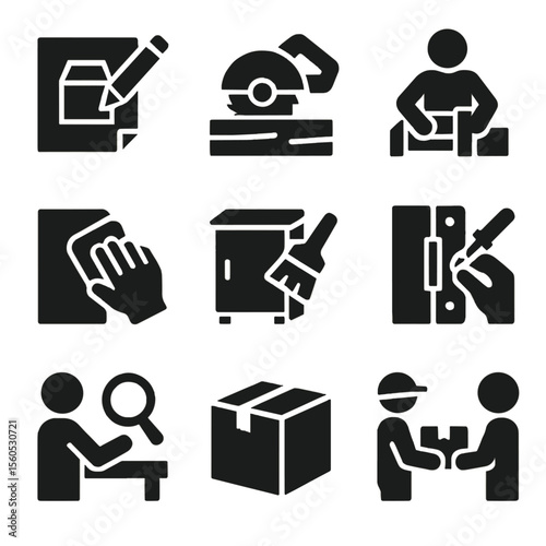 Craftsmanship Steps Icons. Solid, filled icon set of craftsmanship steps: sketch design, cutting wood, assembling parts, sanding