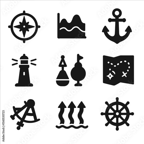Coastal Navigation Icons. Solid, Filled icon set of coastal navigation and tides: compass rose, tide chart, anchor, lighthouse,