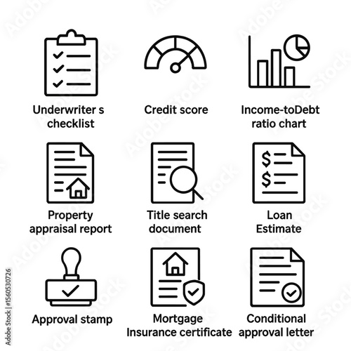 Mortgage Icon Set. Outline icon set of Mortgage Approval and Underwriting: underwriter’s checklist, credit score gauge,