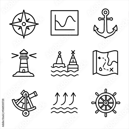 Coastal Navigation Icons. Outline icon set of coastal navigation and tides: compass rose, tide chart, anchor, lighthouse, buoys,