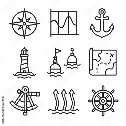 Coastal Navigation Icons. Outline icon set of coastal navigation and tides: compass rose, tide chart, anchor, lighthouse, buoys,
