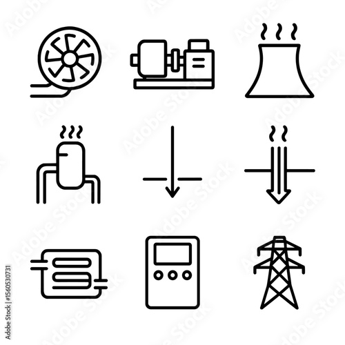Geothermal Plant Icons. Outline icon set of geothermal power plant components: turbine, generator, cooling tower, steam separator,