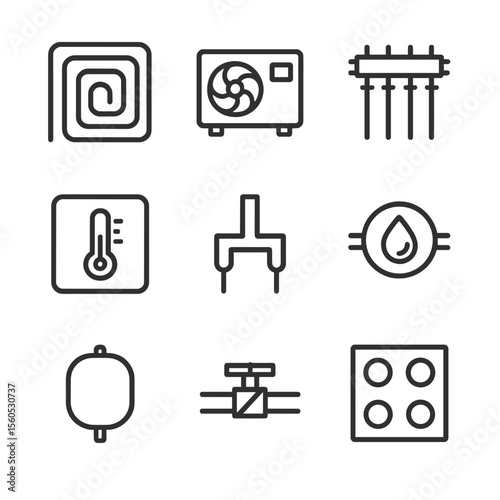Geothermal Heating Icons. Outline icon set of geothermal heating systems: radiant floor, heat pump, manifold, thermostat,