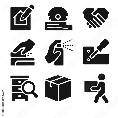 Craftsmanship Steps Icons. Solid, filled icon set of craftsmanship steps: sketch design, cutting wood, assembling parts, sanding