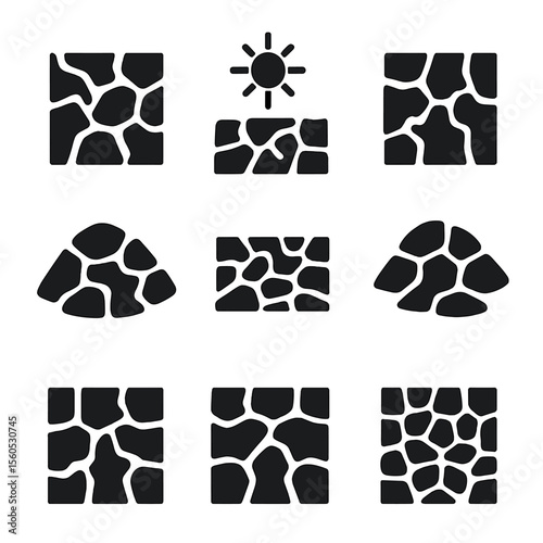 Cracked Earth Icons. Solid, filled icon set of cracked earth landscapes: dry soil, desert ground, drought field, fissured clay,