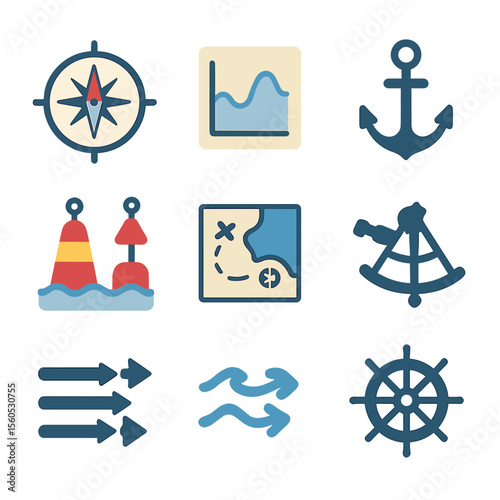 Coastal Navigation Icons. Flat icon set of coastal navigation and tides: compass rose, tide chart, anchor, lighthouse, buoys,