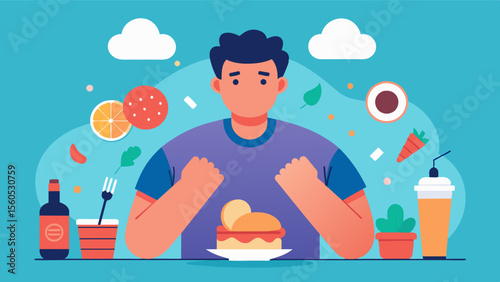 A man engaging in destructive behaviors such as binge eating or purging as a coping mechanism for the stress and pressure inflicted by diet culture.. Vector illustration