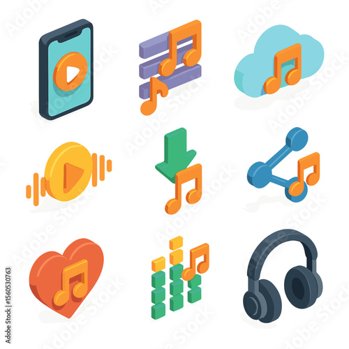 Music Streaming Icons. Isometric Flat icon set of music streaming and apps: smartphone with play button and note, playlist icon