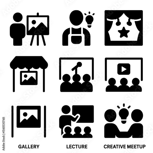 Creative Events Icons. Solid, filled icon set of creative events: exhibition, workshop, stage, art fair, concert, film screening,