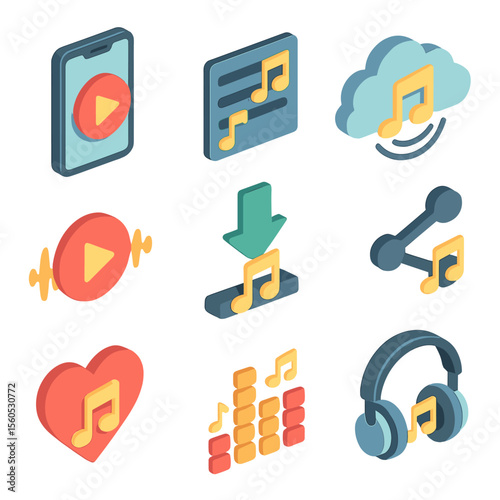 Music Streaming Icons. Isometric Flat icon set of music streaming and apps: smartphone with play button and note, playlist icon