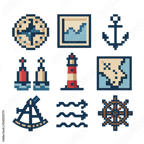Coastal Navigation Icons. Pixel art icon set of coastal navigation and tides: compass rose, tide chart, anchor, lighthouse, buoys,