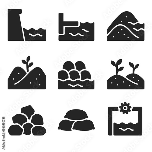 Coastal Protection Icons. Solid, filled icon set of coastal protection methods: seawall, groyne, beach nourishment, dune