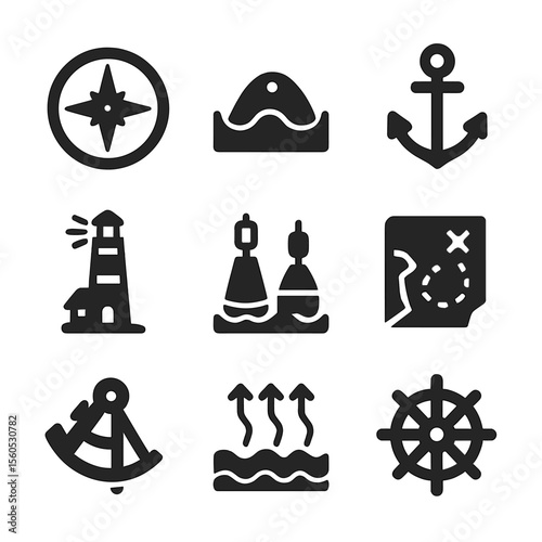 Coastal Navigation Icons. Solid, Filled icon set of coastal navigation and tides: compass rose, tide chart, anchor, lighthouse,