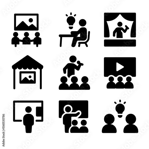 Creative Events Icons. Solid, filled icon set of creative events: exhibition, workshop, stage, art fair, concert, film screening,