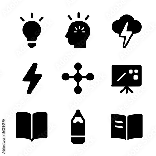 Creative Icon Set. Solid, filled icon set of inspiration strike: lightbulb flash, head with sparks, creative energy, idea cloud,