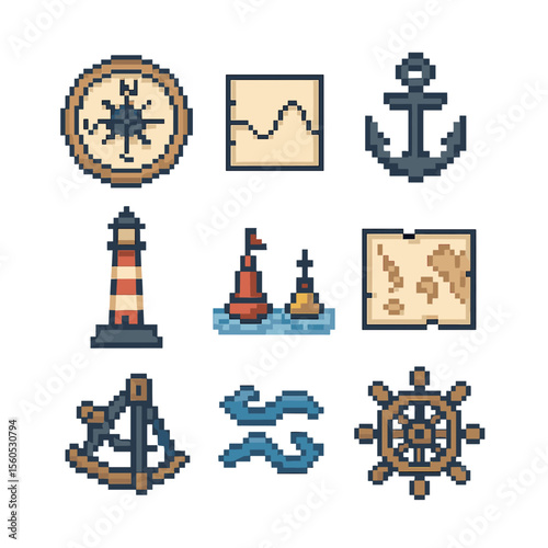 Coastal Navigation Icons. Pixel art icon set of coastal navigation and tides: compass rose, tide chart, anchor, lighthouse, buoys,