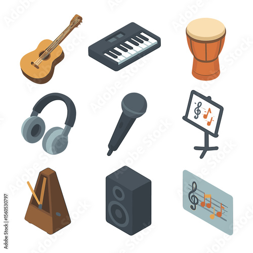 Music Therapy Icons. Isometric Flat icon set of music therapy session: acoustic guitar, keyboard, percussion drum, headphones,