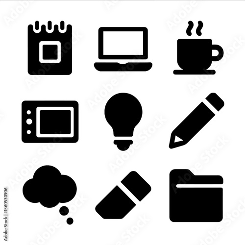 Creative Space Icons. Solid, filled icon set of design and creative space: sketchpad, laptop, drawing tablet, coffee cup, light