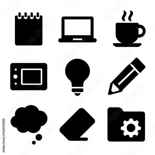 Creative Space Icons. Solid, filled icon set of design and creative space: sketchpad, laptop, drawing tablet, coffee cup, light