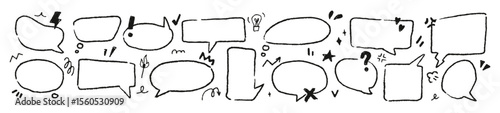 Rough black and white hand drawn speech bubbles for zines, rebellious posters, teen notebooks, chaotic punk designs. Gritty, expressive chalk vector elements.