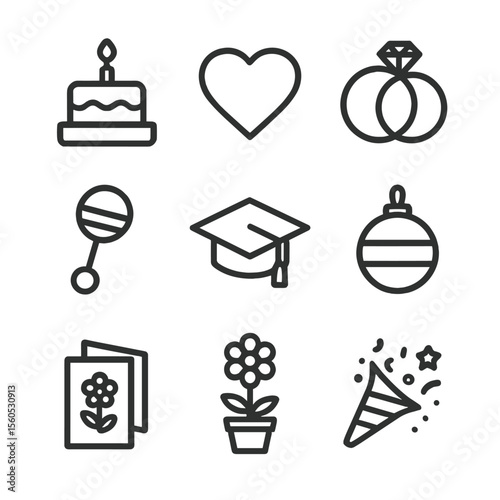 Gifting Icon Set. Outline icon set of gifting occasions: birthday cake, anniversary heart, wedding rings, baby rattle, graduation