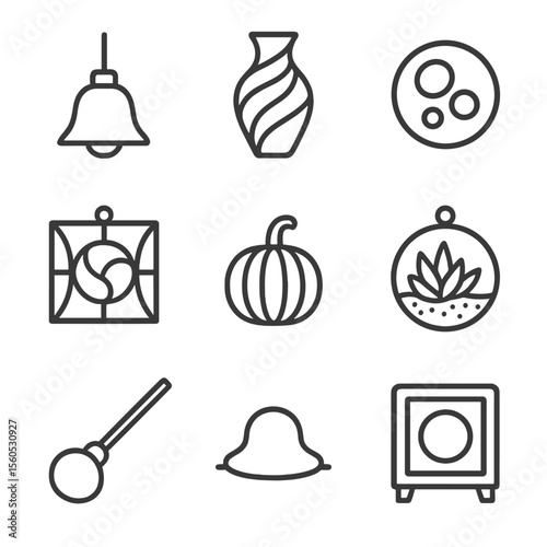 Icon Set_ Glass Artistry. Outline icon set of hand-blown glass ornaments: glass pendant light, color-swirl vase, art paperweight,