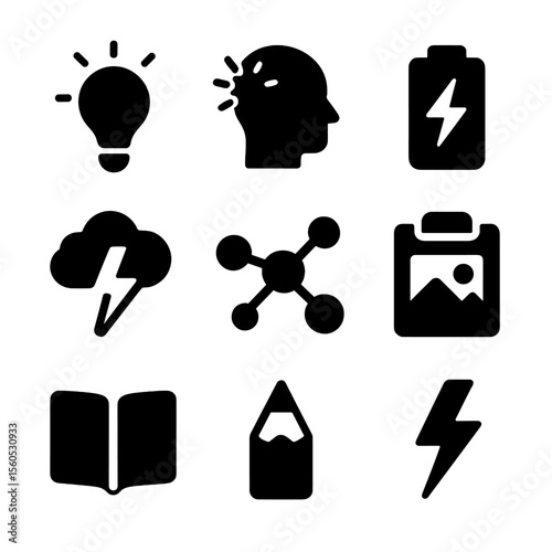 Creative Icon Set. Solid, filled icon set of inspiration strike: lightbulb flash, head with sparks, creative energy, idea cloud,