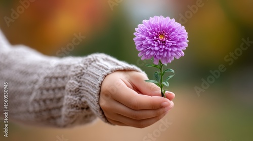 Hand Holding Purple Flower in Cozy Sweater with Natural Background