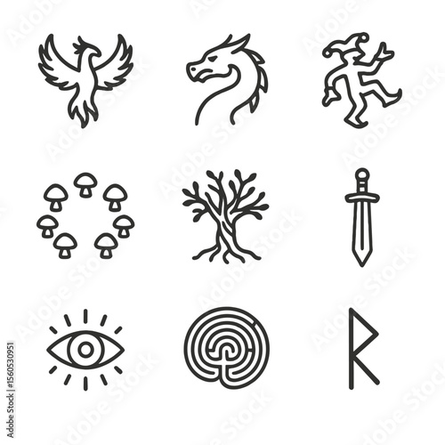 Mythology Icon Set. Outline icon set of mythology and folklore in art: phoenix bird, dragon silhouette, trickster figure, fairy
