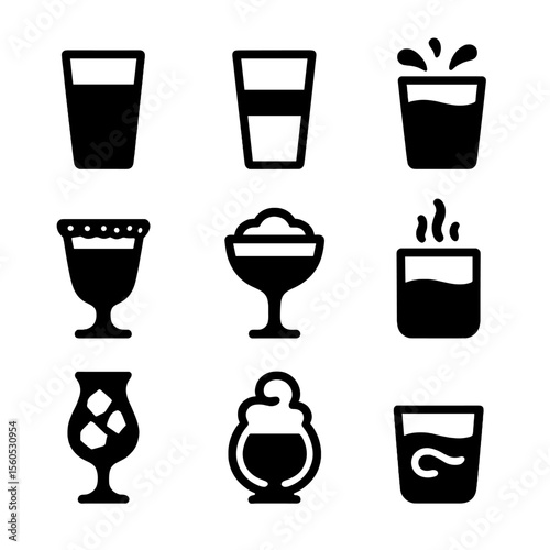 Cocktail Layering Icons. Solid, filled icon set of cocktail layering techniques: gradient drink, floated layer, splash effect,