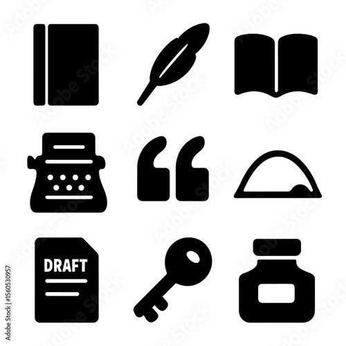 Creative Writing Icons. Solid, filled icon set of creative writing: notebook, feather quill, open page, typewriter, quote symbol,