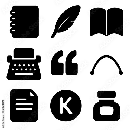 Creative Writing Icons. Solid, filled icon set of creative writing: notebook, feather quill, open page, typewriter, quote symbol,