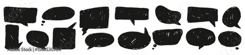 Rough crayon  black speech shapes with sketchy chalk texture for punk poster overlays, bold school decor, emotional designs. Rebellious vector stickers.