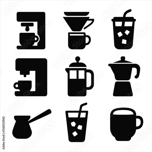 Coffee Brewing Icons. Solid, filled icon set of coffee types brewed with filters: drip coffee, pour-over, cold brew, espresso,