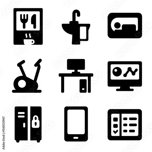 Crew Activity Icons. Solid, filled icon set of crew activity modules: galley unit, hygiene station, sleeping pod, exercise machine