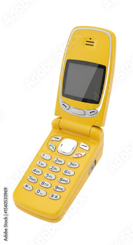 Yellow Flip Phone Displaying Dark Screen and Silver Buttons Isolated Transparent Background