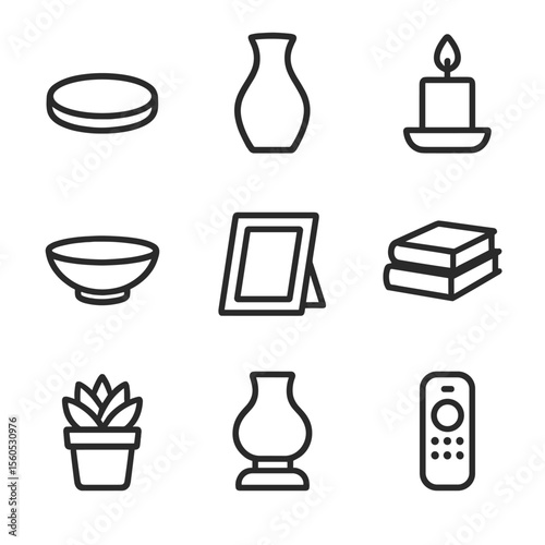 Glass Tabletop Icons. Outline icon set of glass tabletop accessories: coaster, vase, candle holder, decorative bowl, picture frame