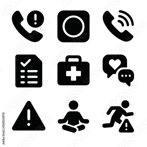 Crisis Intervention Icons. Solid, filled icon set of crisis intervention tools: emergency phone, panic button, helpline, safety