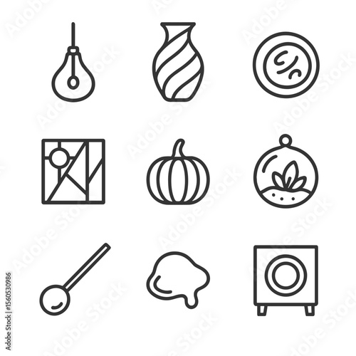 Icon Set_ Glass Artistry. Outline icon set of hand-blown glass ornaments: glass pendant light, color-swirl vase, art paperweight,