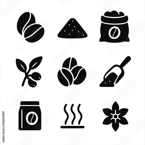 Coffee Icons Collection. Solid, filled icon set of coffee beans and grounds: whole bean, ground coffee, sack of beans, coffee