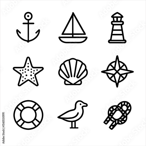 Nautical Icon Grid. Outline icon set of Nautical Bunting: anchor, sailboat, lighthouse, starfish, seashell, compass rose, life