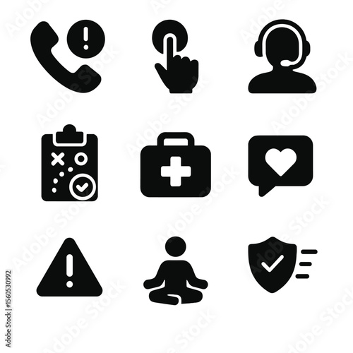 Crisis Intervention Icons. Solid, filled icon set of crisis intervention tools: emergency phone, panic button, helpline, safety