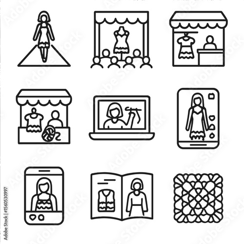 Crochet Fashion Icons. Outline icon set of crochet fashion events: runway show, fashion week stage, pop-up boutique, craft fair