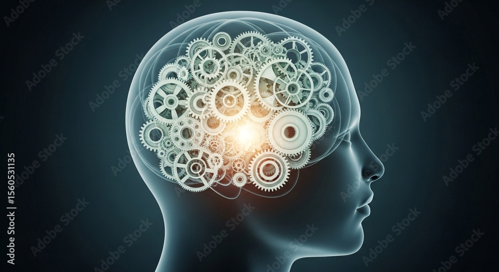Obraz premium Conceptual image showing gears inside a transparent human head against a dark background