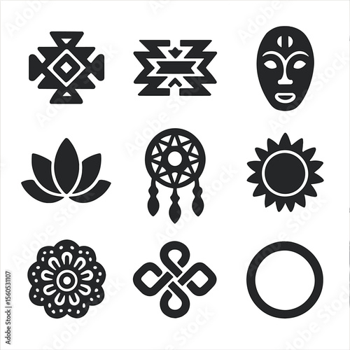 Cultural Beadwork Icons. Solid, filled icon set of cultural beadwork symbols: tribal motif, native pattern, African mask,
