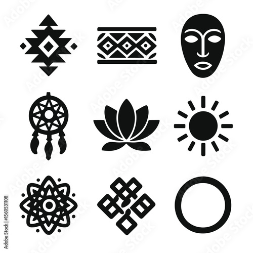 Cultural Beadwork Icons. Solid, filled icon set of cultural beadwork symbols: tribal motif, native pattern, African mask,