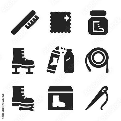 Combat Boot Care Icons. Solid, filled icon set of combat boot maintenance: cleaning brush, polishing cloth, leather conditioner,