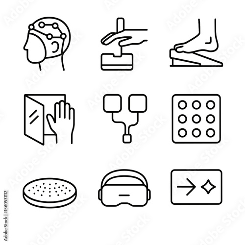 Neurological Rehab Icons. Outline icon set of neurological rehabilitation: electroencephalography cap, hand tapping device, foot