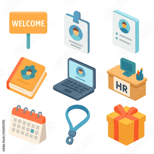 New Employee Onboarding Icons. Isometric Flat icon set of onboarding a new colleague: welcome sign, ID badge, orientation guide,