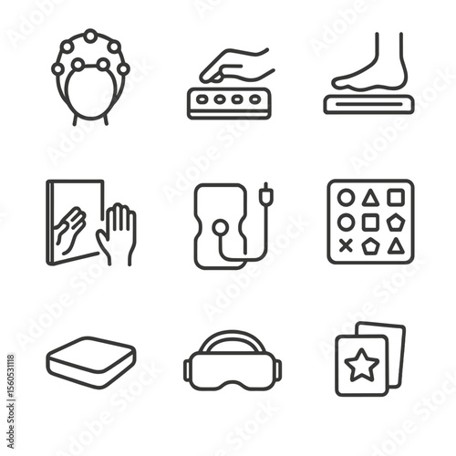 Neurological Rehab Icons. Outline icon set of neurological rehabilitation: electroencephalography cap, hand tapping device, foot